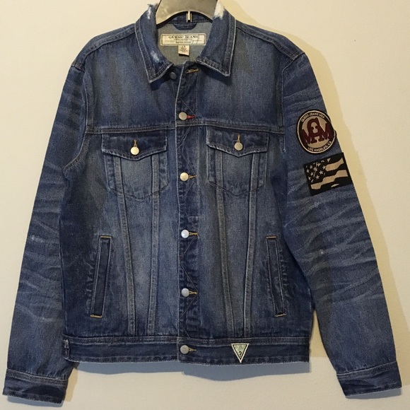 Mens Guess Jean Jacket Distressed Patches Denim - Picture 3 of 8